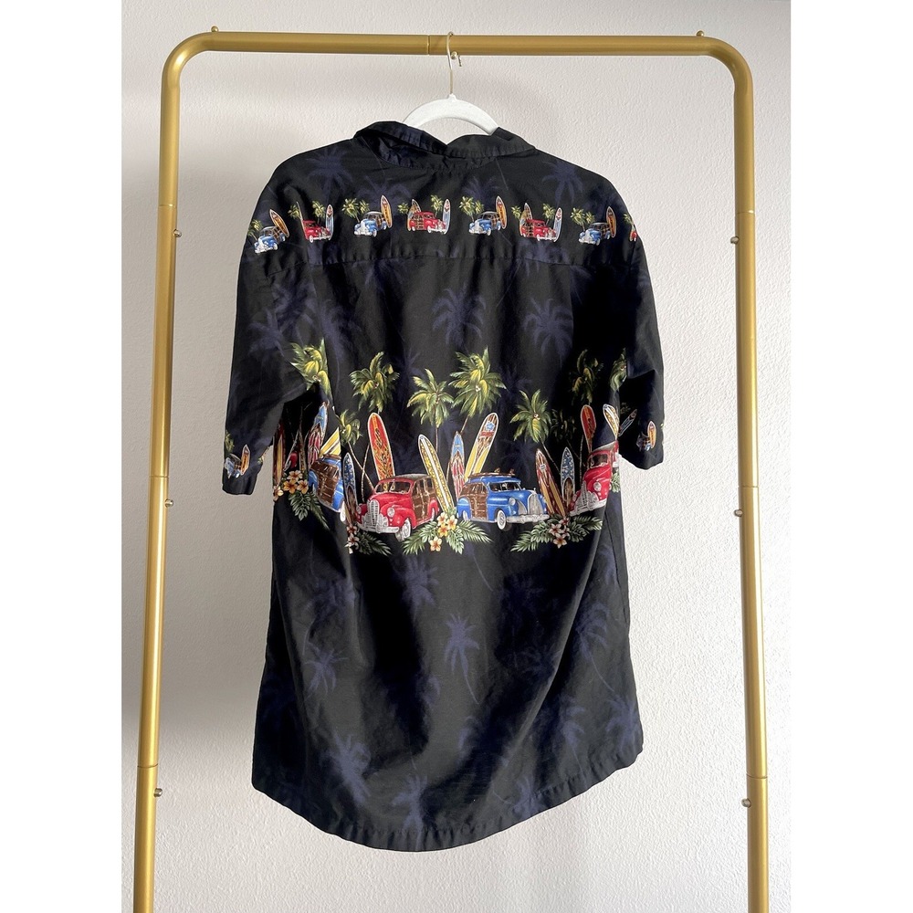 Pacific Legend Black  Hawaiian Shirt Men`s Short Sleeve Surf Boards Cars Sz L